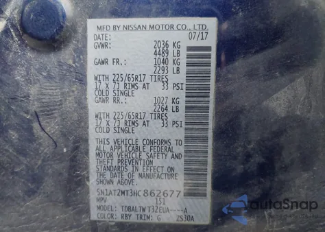 2017 Nissan Rogue Sv z USA, uszkodzony, nr VIN 5N1AT2MT3HC862677